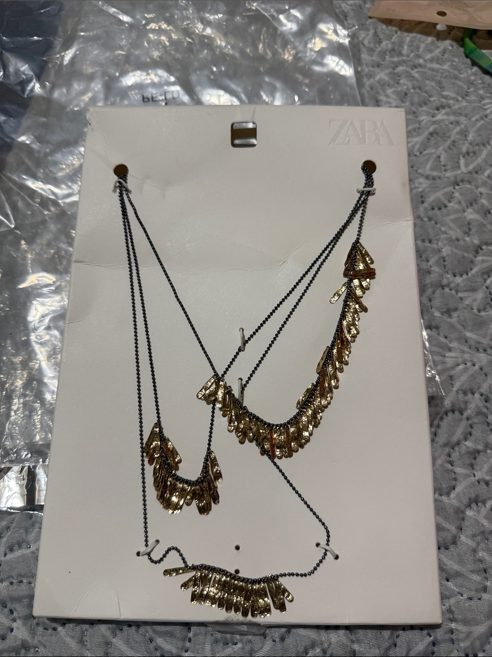 ZARA Gold Layered Fringe Pendant Necklace on Black Chain